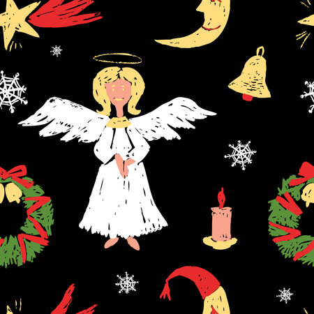 Seamless pattern of drawn cartoon christmas symbols, angel, star, bell, wreath and candleのイラスト素材