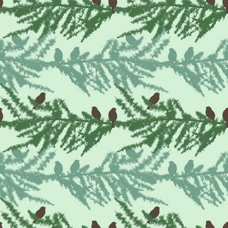 Seamless pattern from silhouettes of fir branches and sitting birds flockのイラスト素材