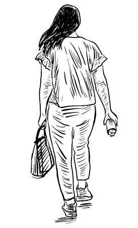 Sketch of young woman with handbag and water bottle waling outdoor on summer dayのイラスト素材