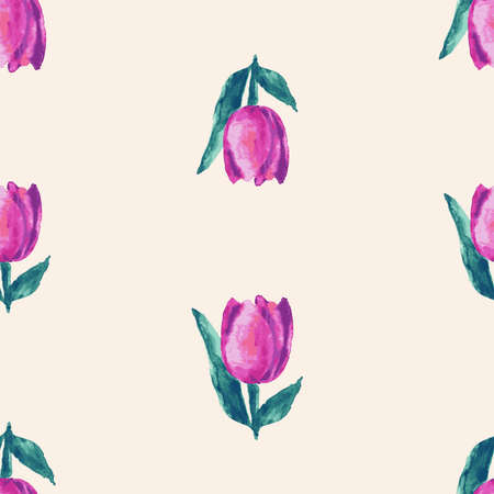 Seamless background of watercolor drawings pink tulips with green leavesの写真素材