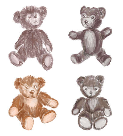 Watercolor brush drawings of set old stuffed toys teddy bearsのイラスト素材