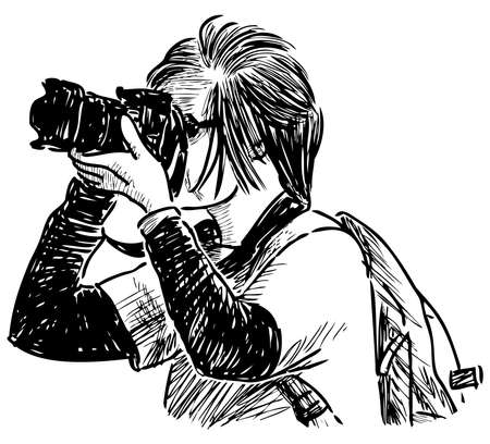 Outline drawing of tourist photographer shooting on cameraのイラスト素材