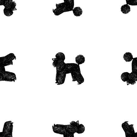 Seamless background with silhouettes drawn funny black poodleのイラスト素材