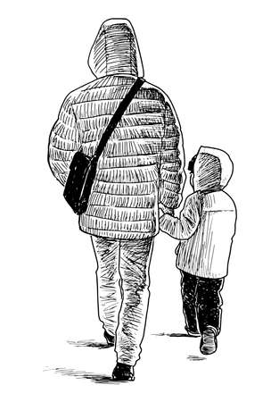 Hand drawing of father with his child walking outdoors togetherのイラスト素材
