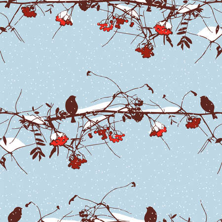 Seamless background of birds silhouettes on rowan branches in snowy winter forestのイラスト素材