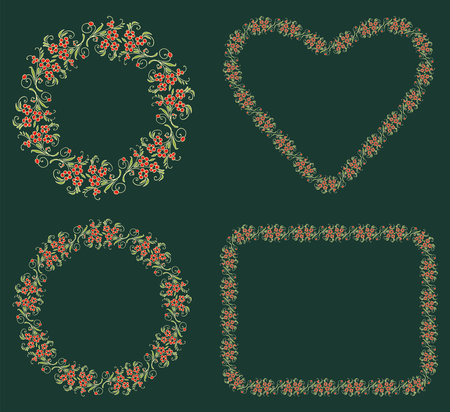 Set of various shape frames from drawn twigs with red berries and green leavesのイラスト素材
