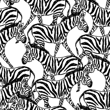 Seamless background of drawn cartoon walking zebrasのイラスト素材