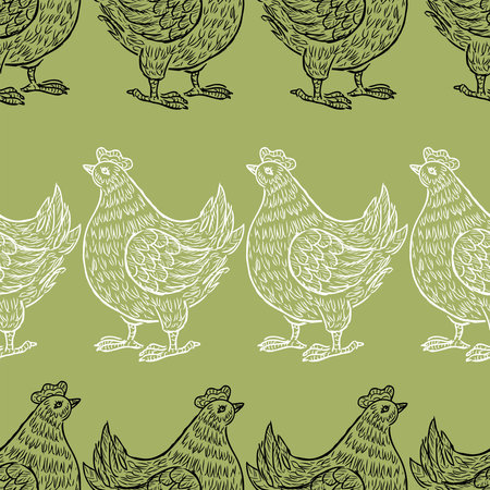 Seamless pattern of outlines decorative cartoon black and white hens in rowsのイラスト素材
