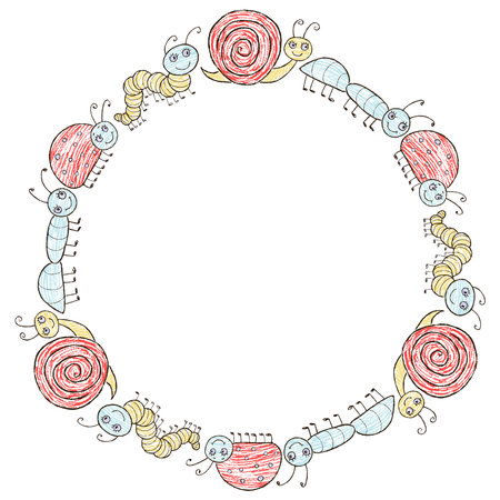 decorative round border of cartoon insectsのイラスト素材