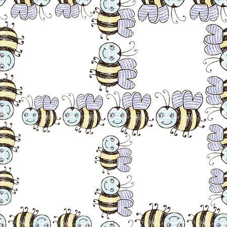 Seamless background of drawn cartoon flying cheerful beesのイラスト素材