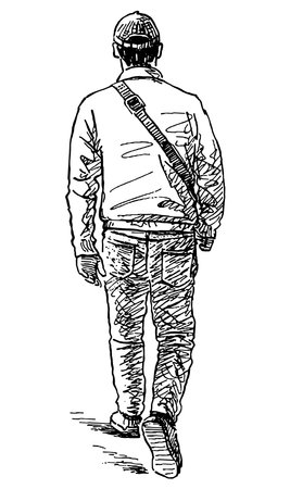 Hand drawing of casual man walking outdoors aloneのイラスト素材