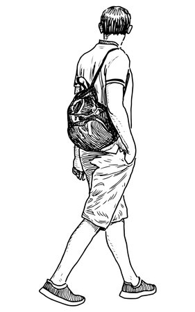 Outline hand drawing of casual citizen pedestrian with backpack walking outdoors alone on summer day, vector illustration isolated on whiteのイラスト素材