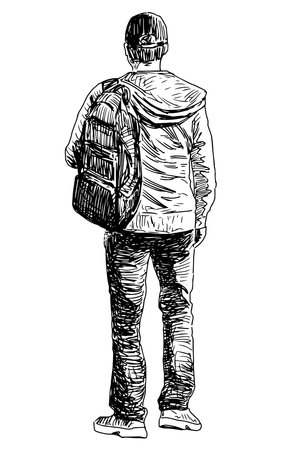 Hand drawing of silhouette casual citizen pedestrian with backpack walking outdoors alone,vector sketch isolated on whiteのイラスト素材