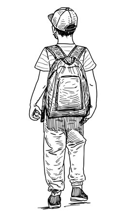 Sketch of one casual little boy in hat with backpack walking outdoors on summer day,black and white vector hand drawing isolated on whiteのイラスト素材