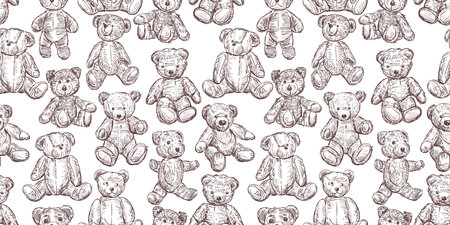 Sketches Teddy bears old toys collection seamless pattern vector childish background wallpaper paperのイラスト素材
