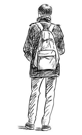 Citizen casual moden young man with backpack standing outdoors alone,vector sketch isolated on whiteのイラスト素材