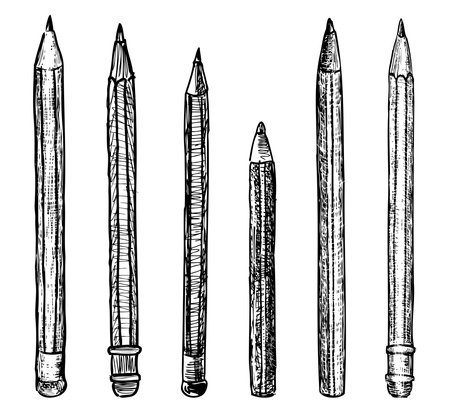 Pencil, graphite, sharpened, eraser, wooden,different, drawing, drawing instrument set,black and white vector illustration isolated on whiteのイラスト素材