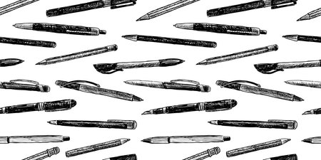 Pen, pencils, writing instruments, set, stationery sketches seamless pattern, paper, vector black and white backgroundのイラスト素材