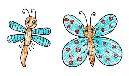 Butterfly and dragonfly cartoon cheerful textured contour drawings, vector hand drawn illustration isolated on whiteのイラスト素材