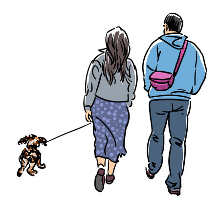 Couple casual city people walking with dog outdoors, back view, hand drawn vector illustrationのイラスト素材
