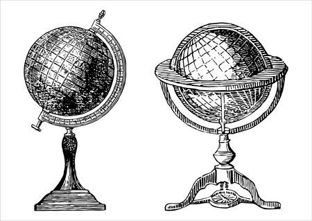 Two vintage globes, symbol, planet Earth, study geography, scientific equipment, hand drawn vector black and white illustration, white backgroundのイラスト素材