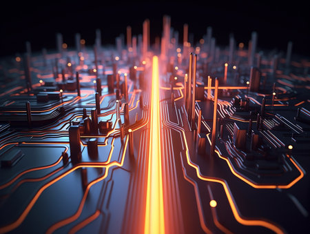 3d rendering of circuit board with glowing orange lights in dark backgroundの素材