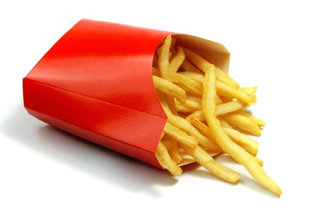 french fries in a red paper wrapper on white 