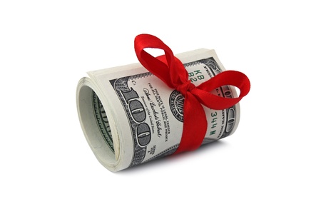roll of one hundred dollar bills tied with red ribbon 