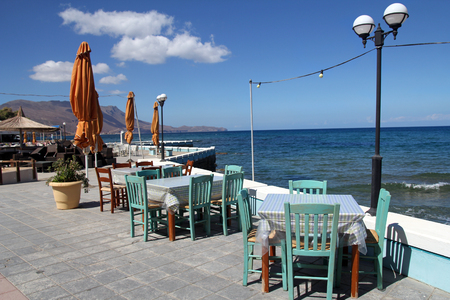 Restaurant on the seaside in Crete, Greeceの写真素材
