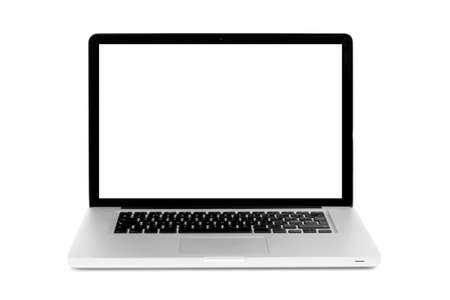 Modern laptop with blank screen isolated on white backgroundの写真素材