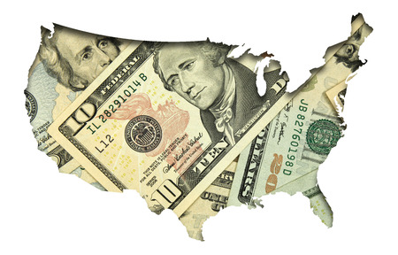 USA map with dollar banknotes backgroundの写真素材