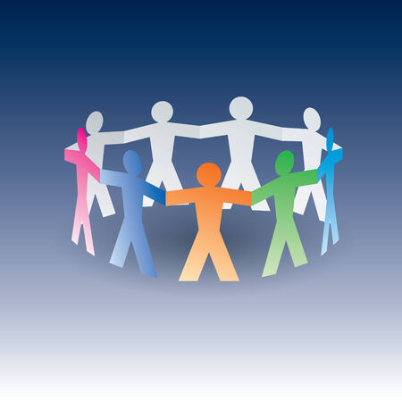 circle of colorful paper people on blue  のイラスト素材