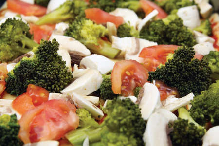 fresh vegetables background, broccoli, tomatoes and mushrooms の写真素材