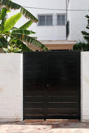 black modern gate and banana tree の写真素材