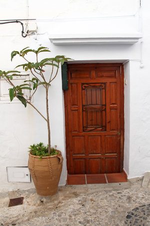 wooden door and flower in terracotta potのeditorial素材