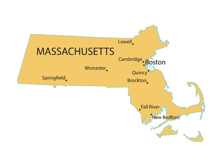 yellow map of Massachusetts with indication of largest citiesのイラスト素材