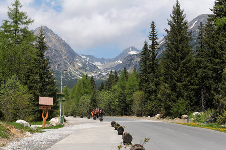 STRYBSKE Pleso, JUNE 1: carriage with tourists in the Slovak Tatra mountains; on June 1, 2015 Strbske Pleso, Slovakia. It's very popular touristic place in Slovakiaのeditorial素材