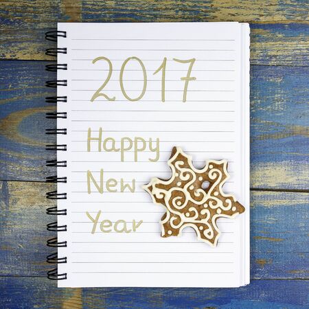 Happy New Year 2017 written in the notebook and christmas gingerbread