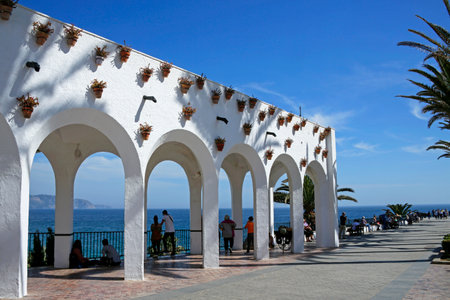 NERJA, COSTA DEL SOL, SPAIN, MARCH 12, 2017: Plaza Balcon de Europa, Nerja is a famous resort on Costa del Sol situated 50 km from Malaga.のeditorial素材