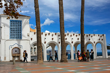 NERJA, COSTA DEL SOL, SPAIN, MARCH 12, 2017: Plaza Balcon de Europa, Nerja is a famous resort on Costa del Sol situated 50 km from Malaga.のeditorial素材