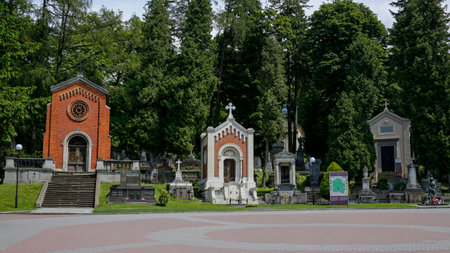 Lviv, Ukraine - june 2, 2019: one of the lane in the Lychakiv Cemetery. It's the oldest historic necropolis of Lviv.のeditorial素材