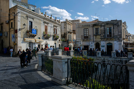 Syracuse, Sicily, Italy - november 10, 2019: fountain of Arethusa on Ortigia, oldest part of the beautiful baroque city of Syracuseのeditorial素材