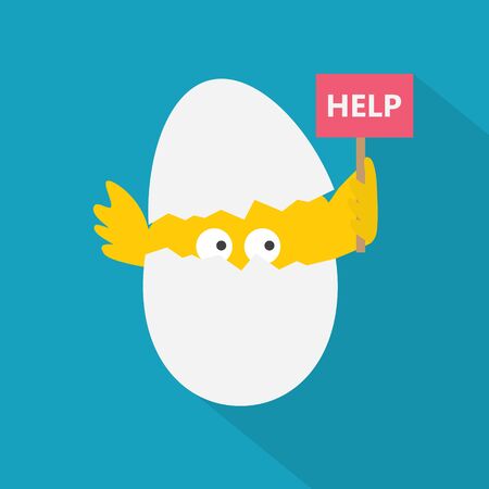 funny easter concept, chicken in a eggshell with help signboard- vector illustrationのイラスト素材