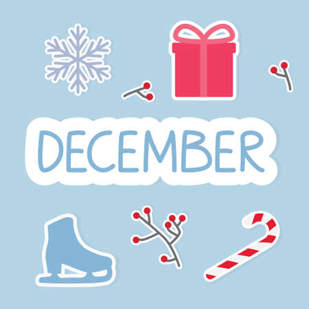 december month concept and composition with gift, ice skates, snowflake, christmas cane - vector...