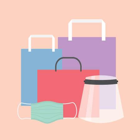 paper bags with face mask and shield, shopping during coronavirus pandemic, protective measures- vector illustrationのイラスト素材