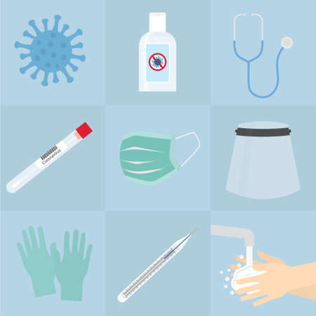 COVID-19; coronavirus icons set; face mask, shield, gloves, antibacterial gel, disposable gloves, thermometer, swab test, stethoscope- vector illustrationのイラスト素材