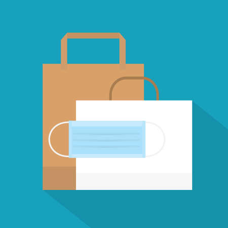 paper bags with face mask, shopping during coronavirus pandemic, protective measures- vector illustrationのイラスト素材