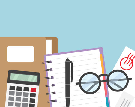 office flat lay concept with folder with documents, spiral notebook, letter, eyeglasses and pen calculator - vector illustrationのイラスト素材