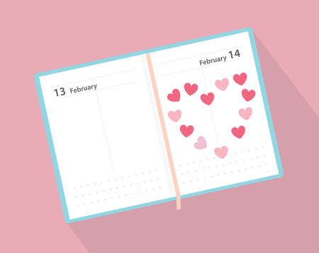 open calendar with 14 february Valentine's Day date and heart - vector illustrationのイラスト素材