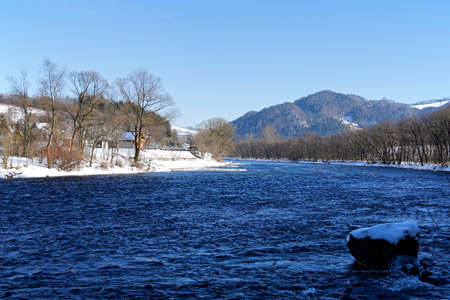 winter landscape of Dunajec river in Kroscienko, Pieniny Mountains, Poland